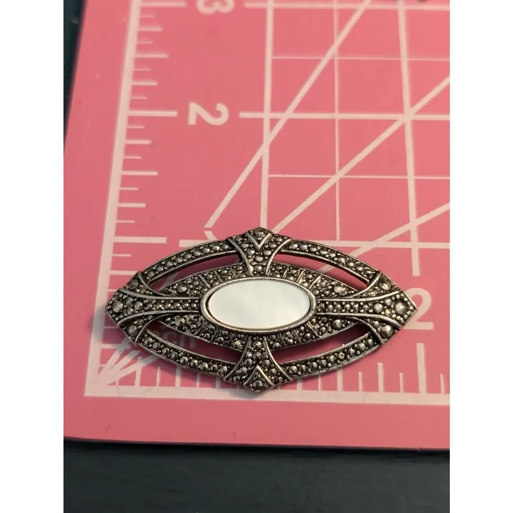 Art Deco Mother of Pearl Silver Tone Marcasite Look Brooch